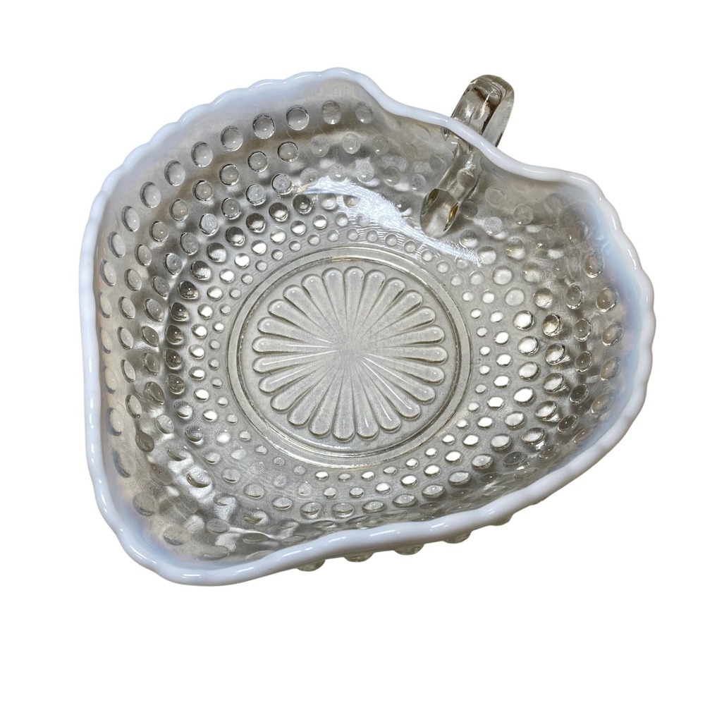Anchor Hocking Moonstone Heart Nappy Candy Dish Hobnail Opalescent Glass 6"